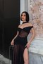 Women's Black Shawl Detailed Slit Maxi Tulle Dress Yel221831 - 2