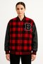 Women's College Jacket Checkered Lumberjack Sleeves Faux Leather Zippered Quilted Lining - Burgundy Mariposa Se