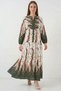 Women's V-Neck Gathered Waist Long Sleeve Floral Patterned Viscose Mustard Hijab Dress - 3