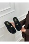 Black Suede (Dyrot) Toe-Open Slippers with Gold Accessories - 6