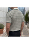 Polo Collar T-Shirt Striped Waffle Fabric Textured Cotton - 3