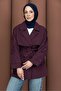 Short Buttoned Belted Trench Coat Burgundy - 4