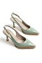 Women's Aqua Green Pointed Toe Thick Sole Open Back Gold Detailed Heeled Shoes - Stiletto - 2