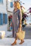 Women's Alaçatı Linen Gray Washed Linen Dress with Half Placket and Pockets - 2