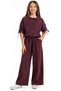Girl's Cross-Button Detailed Drawstring Sleeve Model Shirt with Elastic Waist and Pockets Modal Fabric Shirt with Plum Color Pants Set