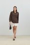 Coffee Colored Checkered Women's Shirt with Ruffle Detail - 3