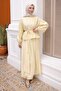 Yellow Collared Skirt Suit with Gathered Waist and Tie - 3