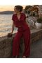 Women's Burgundy Embossed Honeycomb Textured Crop Shirt High Waist Loose Leg Lace-Up Pants Summer Two-Piece Set - 2