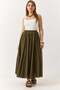 Women's Pleated Crinkled Lined Long Skirt Khaki