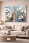 Blue and White Floral Modern 2-Piece Glass Painting Set - White Metal Framed Painting for Home and Office