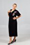 Embroidered V-Neck Black Plus Size Midi Dress - 2