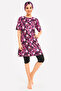 Patterned Hijab Swimsuit Set Including Bonnet Half Sleeves Stretchy Fabric Women's Swimwear Set
