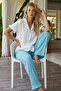 Turquoise White Bürümcük-Krınkıl Short Sleeve Buttoned Ribbed Pajama Set 8019