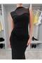Women's Black Waist-Cinched Tulle Embellished Dress - 2