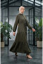 Floral Patterned Belted Hijab Dress 0293-04 Khaki - 3