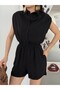 Black Elastic Waist Shirt Collar Tencel Fabric Shorts Jumpsuit - 6