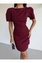 Women's Burgundy Boat Neck Fileto Pocket Short Sleeve Mini Dress Hzl26S-Fry123891 - 3