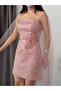 Powder Tulle Cape Sequin Embroidered Mini Strapless Evening Dress - 5