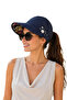 Women's Navy Blue Visor Hat with Flower Detail, Adjustable Adhesive Summer Sun Protection