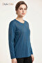Women's Petrol Willow Leaf Patterned Blouse with Stones on the Chest and Sleeves, Mother Combed Cotton Blouse - 2