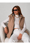 Women's Plaid Lined Hooded Quilted Beige Puffer Vest - 5