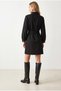 Women's Black Pocketed Belted Gabardine Shirt Dress Elb-19002569 - 4