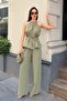 Women's Tie-Detail Blouse and Pants Set with Linen Texture - 3
