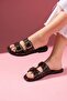 Vesper Brown Patent Leather Gold Buckle Trok Studded Double Strap Slippers - 2