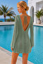 Women Front Back V-Neck Long Spanish Sleeve Back Tie Cotton Mint Mini Swimsuit Top Beach Dress - 4