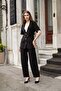 Women's Lycra-Free Linen-Look Fabric Collared Flato Pocketed Short Sleeve Blazer Jacket-Black - 3