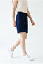 Women's Navy Blue Cotton Oversize Comfortable Fit Bermuda Shorts with Pockets and Elastic Waist - 5