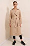 Women's Double-Breasted Collared Belted Mink Trench Coat - 7