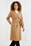 Women's Double-Breasted Collared Belted Tan Trench Coat