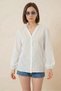 Women's V-Neck Long Sleeve Embroidered Linen Cream Blouse - 3