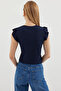 Women's Round Neck Ruffled Sleeve Navy Blue Blouse - 7
