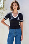 Women's Polo Collar Letter Appliqué Basic Striped Sleeve Detail Knitwear Black T-Shirt - 3