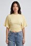 Yellow Crew Neck Gathered Waist Bat Sleeve Crop Blouse