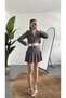 Women's Anthracite Striped Lined Single Button Crop Jacket Belted Lined Pleated Skirt Set - 5
