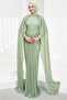 Mint Green Shoulder Cape Pearl Embellished Evening Dress - 3