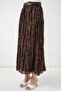 Women's Belted Pleated Patterned Brown Skirt - 4