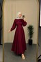 Women's Burgundy Belted Floral Detailed Premium Hijab Dress Dpvq4933 - 3