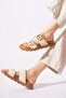 Gesemer Double Buckle Genuine Leather Women's Slippers Beige Skin - 2