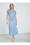 Blue Satin Midi Dress with Ruffle Detail - 3