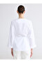 White double-breasted collar belted women's linen jacket - 8