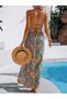 Women's Long Patterned Single Jersey Dress with Rope Straps and Cross Cut Detail on the Back - 4