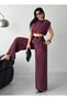 Women's Summer Belted Trousers and Crop Blouse Set Burgundy - 4