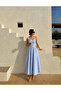 Blue and White Gingham Square Collar Princess Stitched Paneled Flared Maxi Poplin Dress - 7