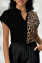 New Season Women's Short Sleeve V-Neck Leopard Patterned Sandy Blouse - 2
