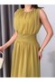 Oil Green Belted Pleated Crew Neck Maxi Chiffon Dress - 4