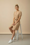Women's Beige Linen Look Midi Belted Buttoned Dress with Elastic Sleeves - 5